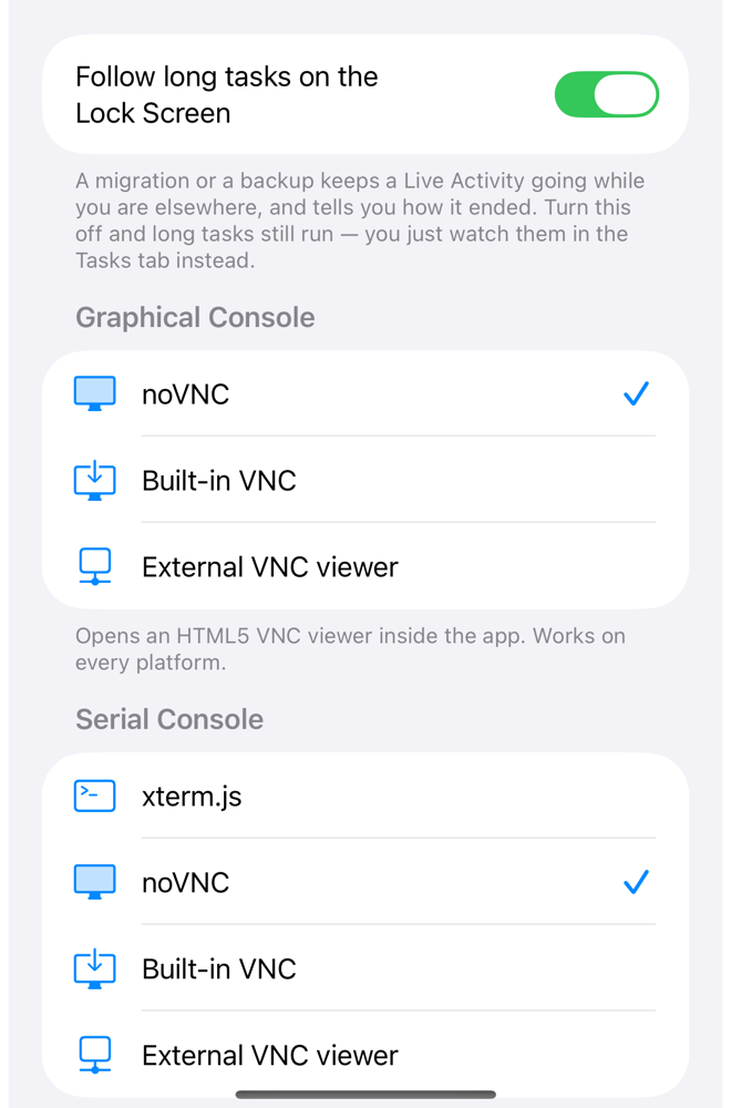 Settings: Live Activities and the console types