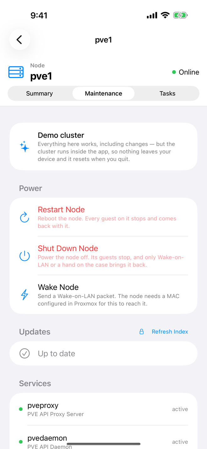 Power section of node pve1 with Restart, Shut Down and Wake Node