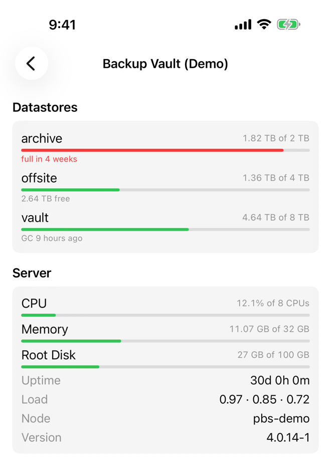 Overview of a Backup Server with its datastores and server resources