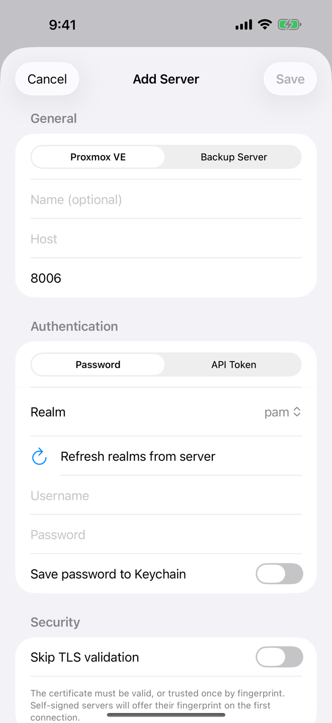 Add Server with Type, Host, Port, authentication method, Realm and the security options