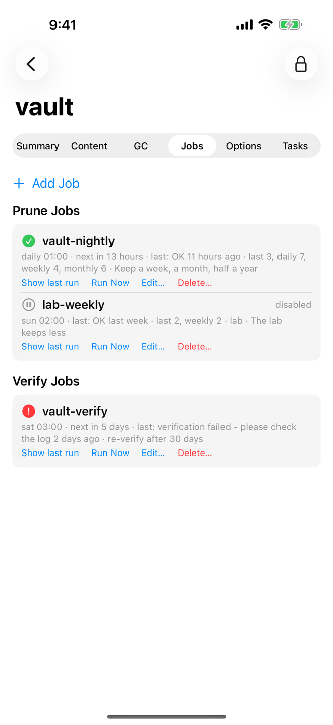 Jobs tab of a datastore with prune and verify jobs